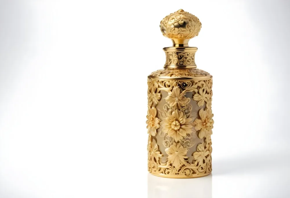 A Golden Ornate Perfume Bottle With An Intricate Floral Pattern 73 57da