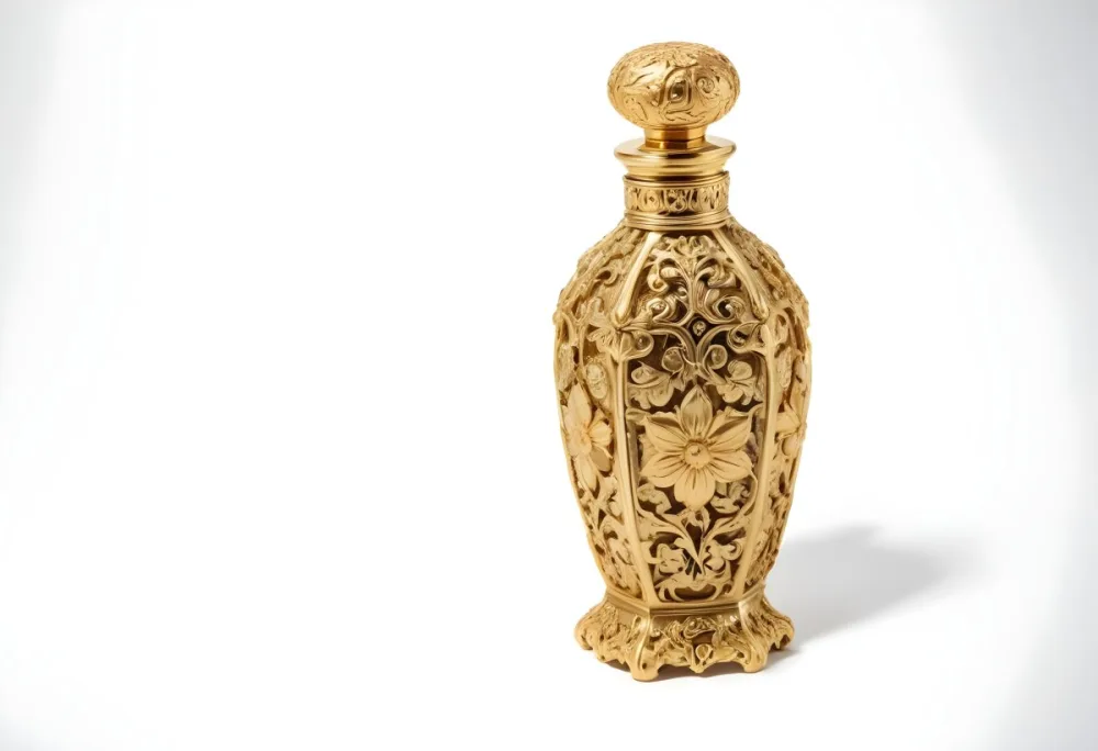 A Golden Ornate Perfume Bottle With An Intricate Floral Pattern 74 09d8