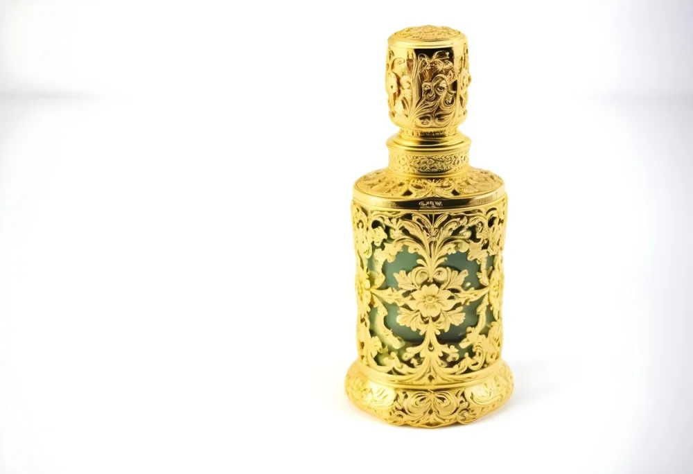 A Golden Ornate Perfume Bottle With An Intricate Floral Pattern 76 D306