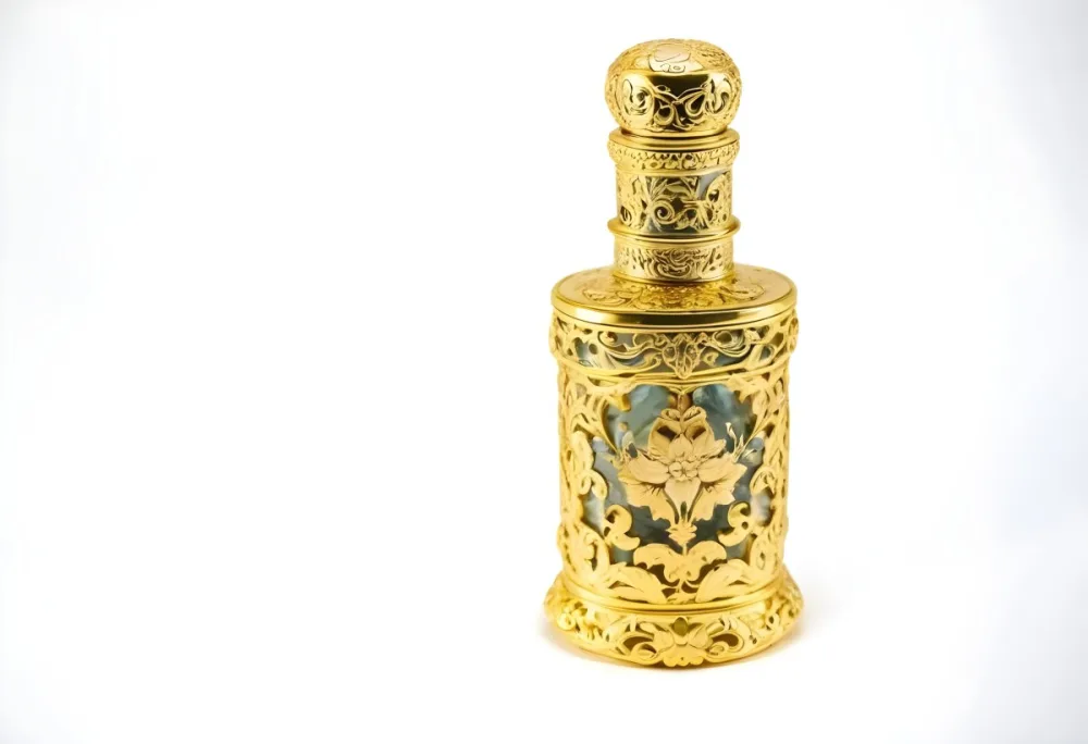A Golden Ornate Perfume Bottle With An Intricate Floral Pattern 78 5f3c