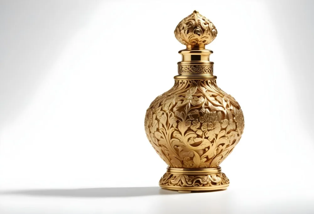 A Golden Ornate Perfume Bottle With An Intricate Floral Pattern 9 E653