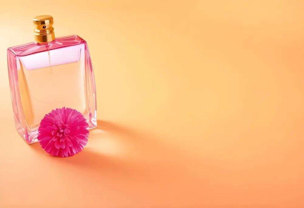 A Golden Perfume Bottle With A Pink Cap And A Golden Candle Holder On A Pink Background 33 0c61
