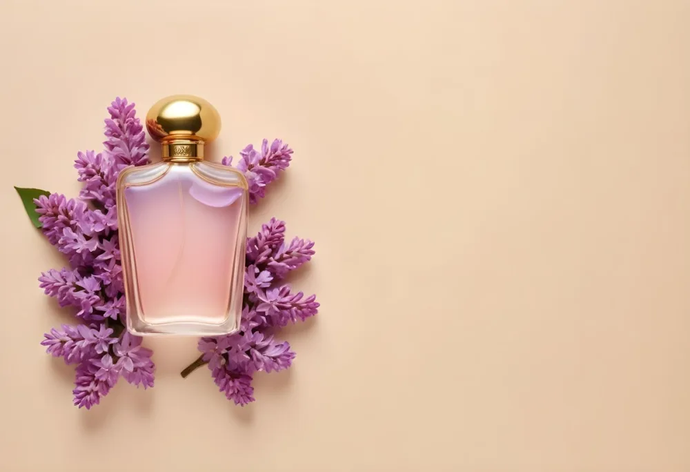 A Golden Perfume Bottle With A Pink Cap Surrounded By Purple Lilac Flowers On A Purple Background 29 7422