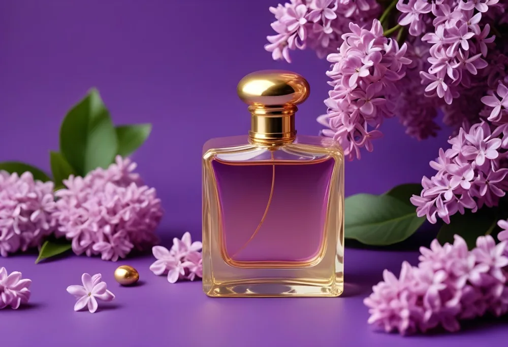 A Golden Perfume Bottle With A Pink Cap Surrounded By Purple Lilac Flowers On A Purple Background 4 7456