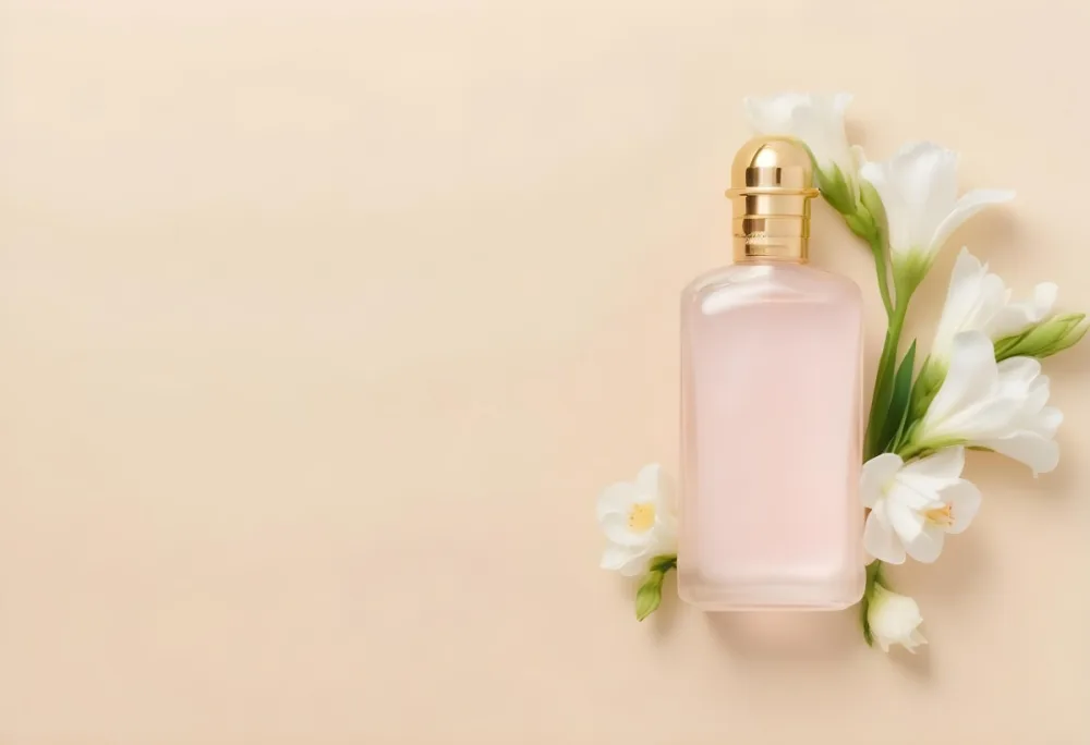 A Golden Perfume Bottle With A Pink Cap Surrounded By White Freesia Flowers All On A White Background 11 72d9