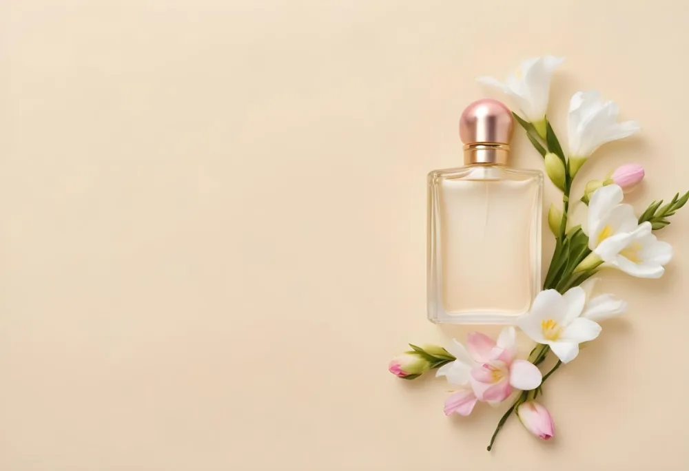 A Golden Perfume Bottle With A Pink Cap Surrounded By White Freesia Flowers All On A White Background 26 8477