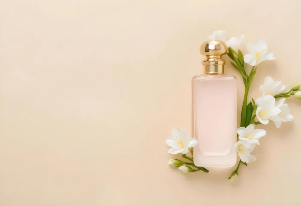 A Golden Perfume Bottle With A Pink Cap Surrounded By White Freesia Flowers All On A White Background 3 76a1