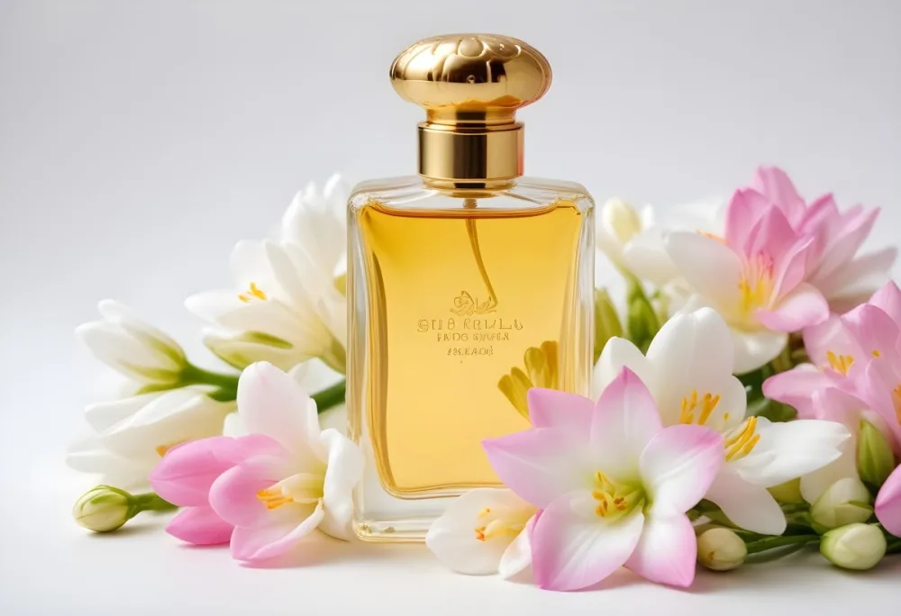 A Golden Perfume Bottle With A Pink Cap Surrounded By White Freesia Flowers All On A White Background 38 821f