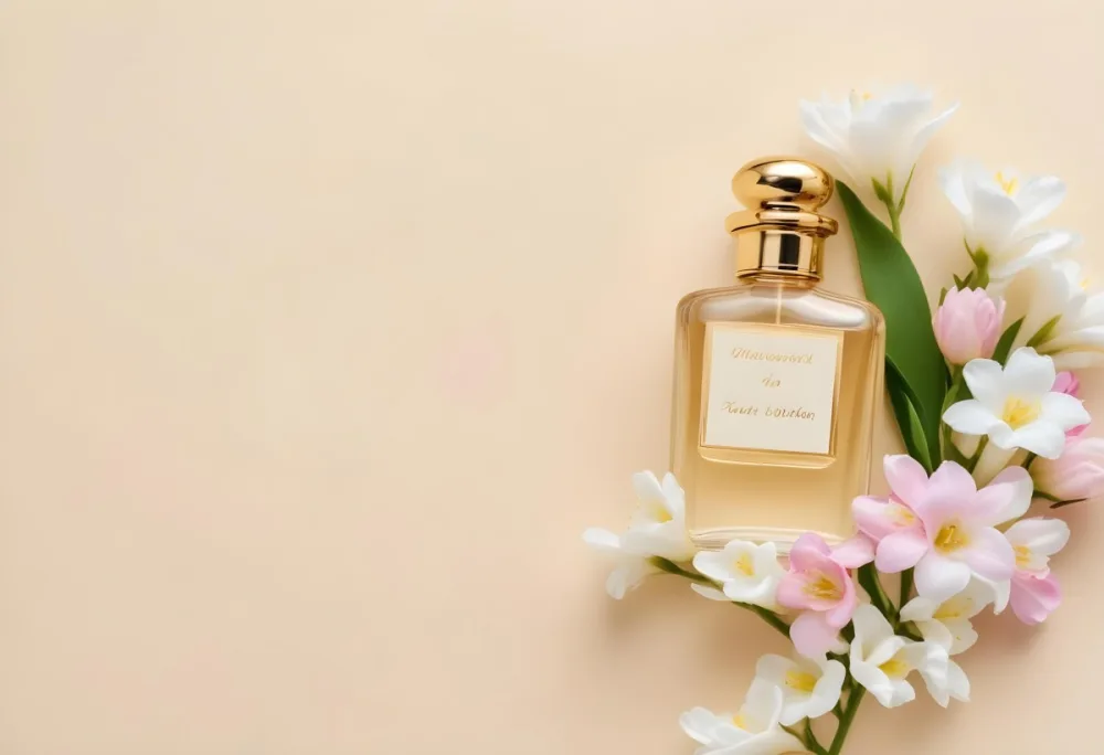 A Golden Perfume Bottle With A Pink Cap Surrounded By White Freesia Flowers All On A White Background 4 A306