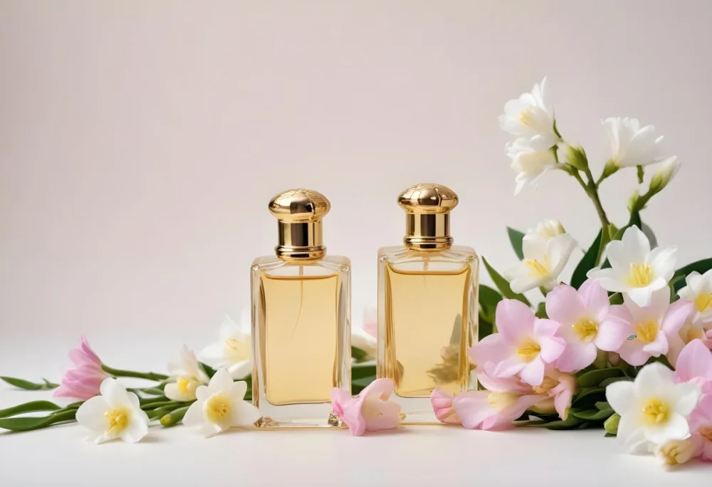 A Golden Perfume Bottle With A Pink Cap Surrounded By White Freesia Flowers All On A White Background 42 3c65