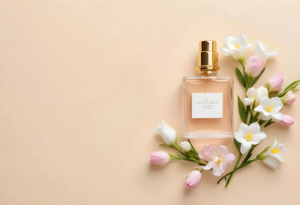 A Golden Perfume Bottle With A Pink Cap Surrounded By White Freesia Flowers All On A White Background 43 77b1