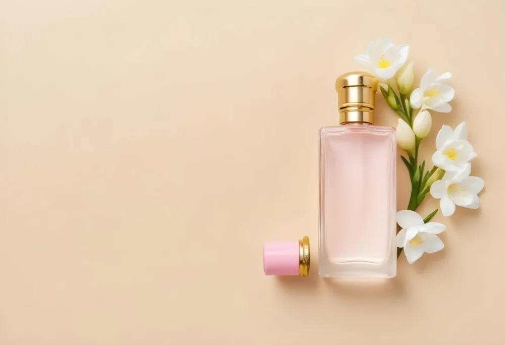 A Golden Perfume Bottle With A Pink Cap Surrounded By White Freesia Flowers All On A White Background 45 Bde1