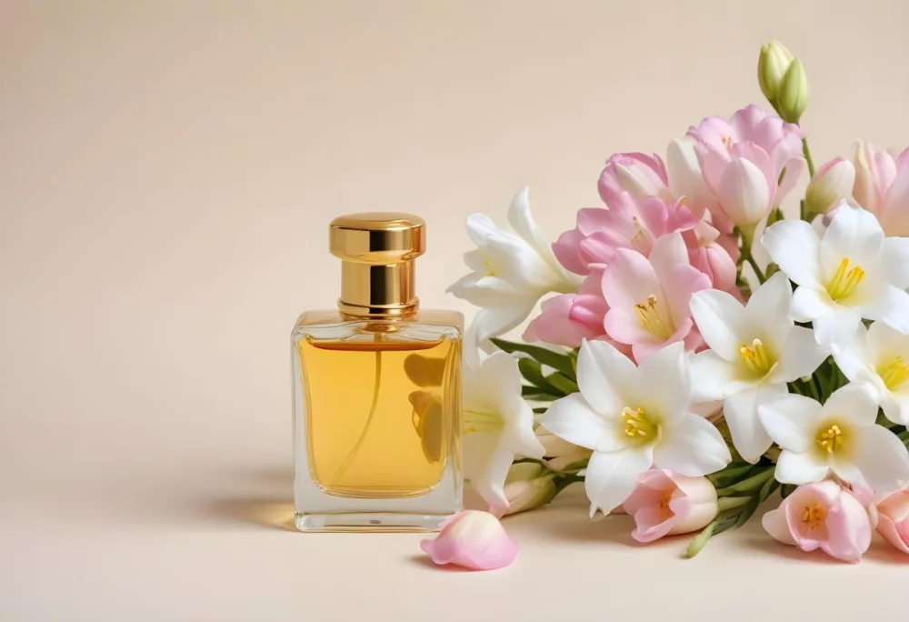A Golden Perfume Bottle With A Pink Cap Surrounded By White Freesia Flowers All On A White Background 46 5109