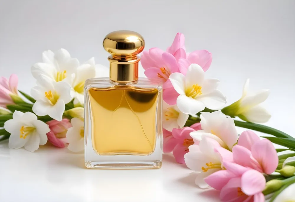 A Golden Perfume Bottle With A Pink Cap Surrounded By White Freesia Flowers All On A White Background 47 3117