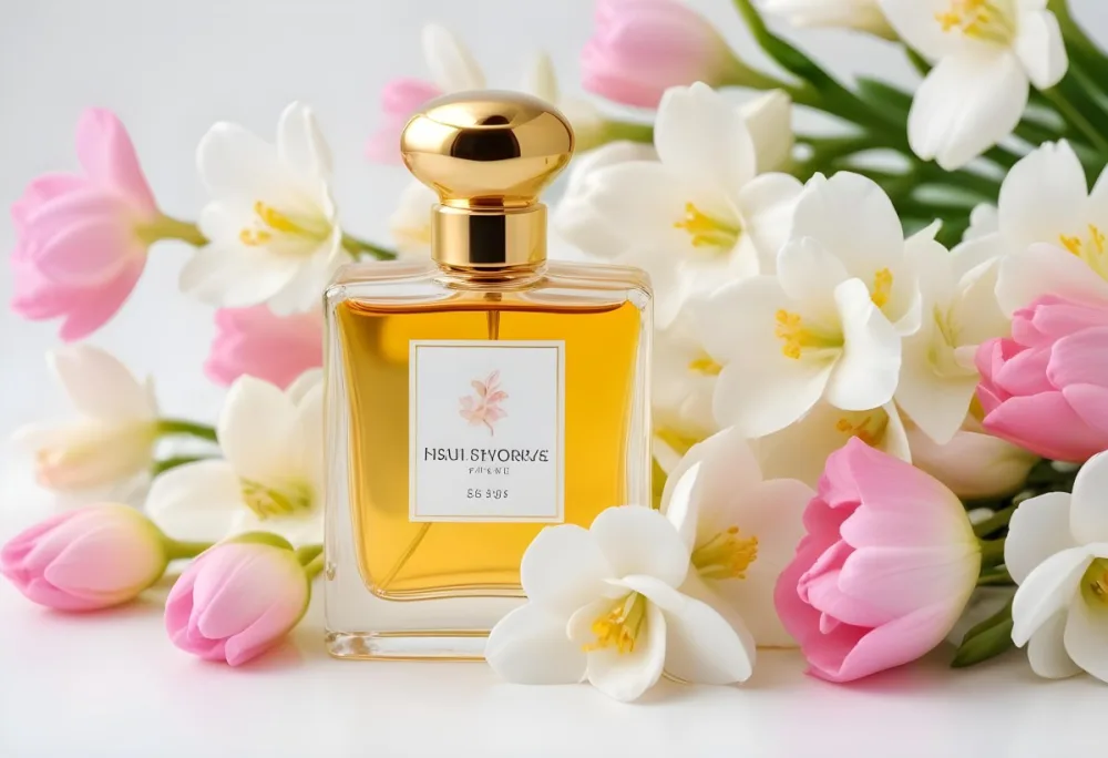 A Golden Perfume Bottle With A Pink Cap Surrounded By White Freesia Flowers All On A White Background 6 E94a
