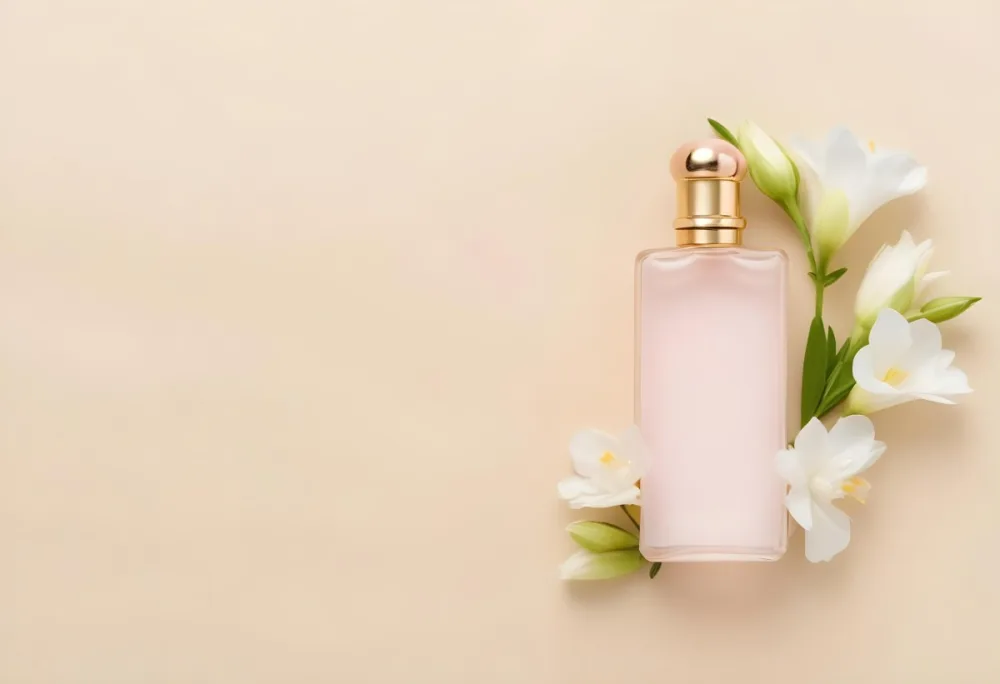 A Golden Perfume Bottle With A Pink Cap Surrounded By White Freesia Flowers All On A White Background 7 8993