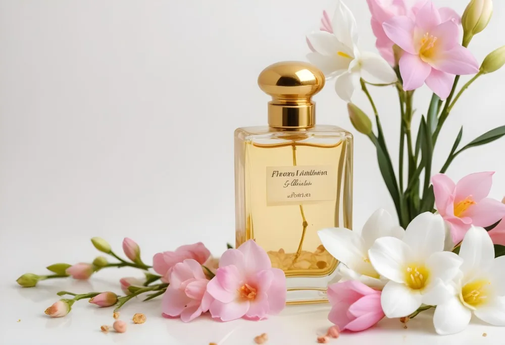 A Golden Perfume Bottle With A Pink Cap Surrounded By White Freesia Flowers All On A White Background 8 9653