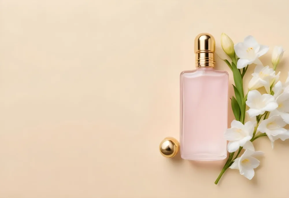 A Golden Perfume Bottle With A Pink Cap Surrounded By White Freesia Flowers All On A White Background 9 A2f2