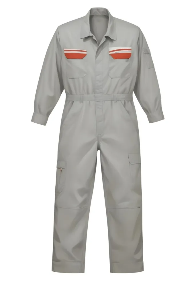 A Gray Worker Overall With Long Sleeves And White Stripes On The Chest Pockets Isolated On A White Background 4