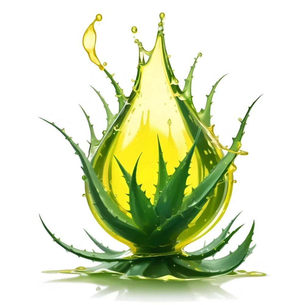 A Green Aloe Vera Plant Inside A Drop Of Aloe Vera Gel The Drop Has A Bright Yellow Light Inside White Background With A Shadow 39 Adee