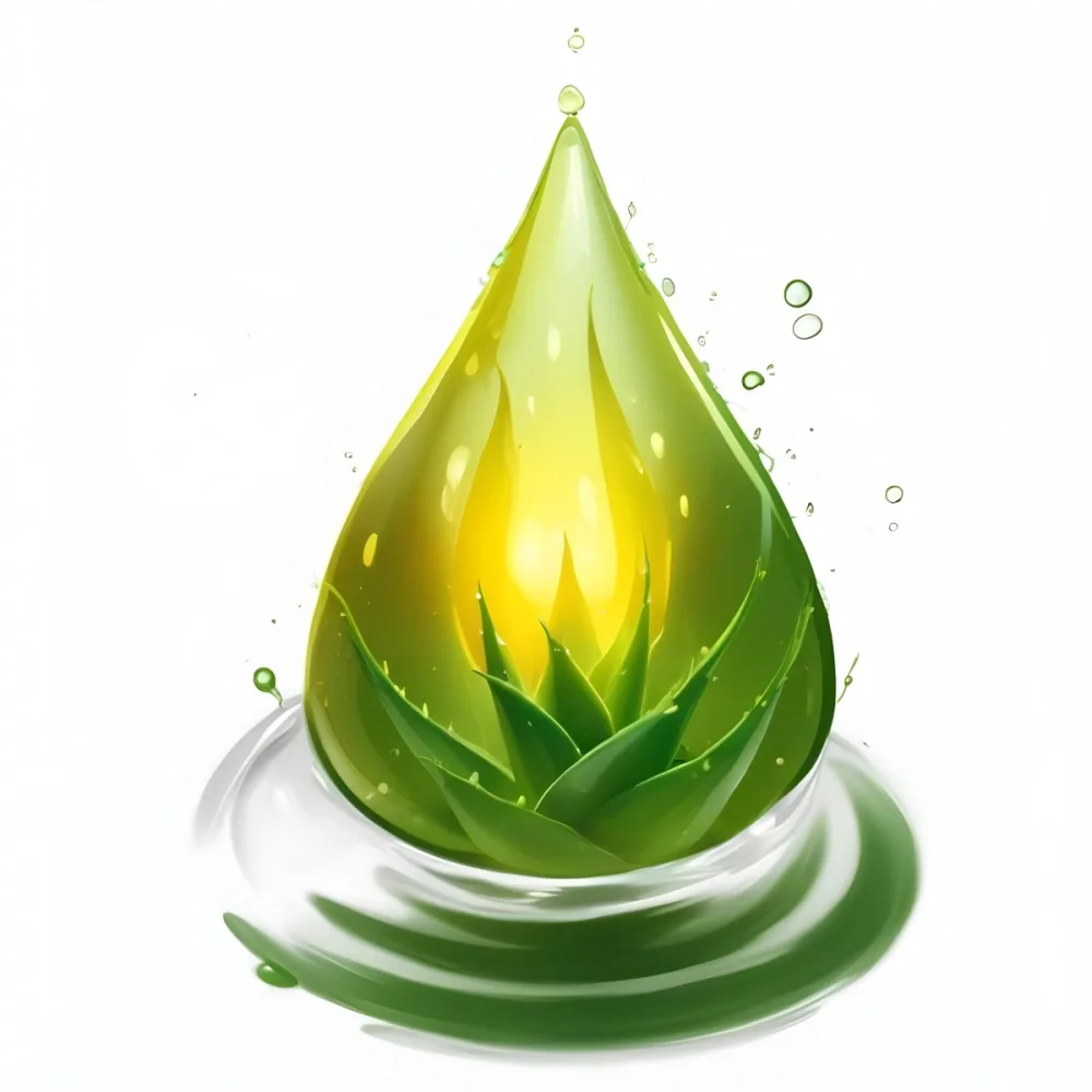 A Green Aloe Vera Plant Inside A Drop Of Aloe Vera Gel The Drop Has A Bright Yellow Light Inside White Background With A Shadow 9 Ad1c