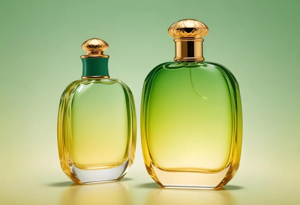 A Green And Yellow Perfume Bottle With A Golden Cap On A Gradient Background 5 5527