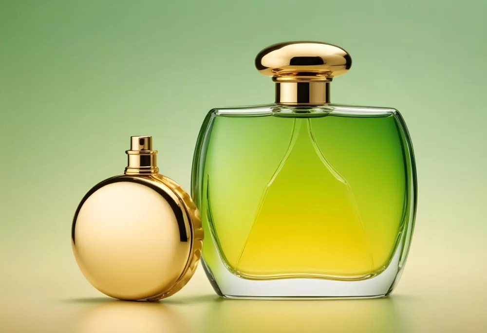 A Green And Yellow Perfume Bottle With A Golden Cap On A Gradient Background 6 C4db