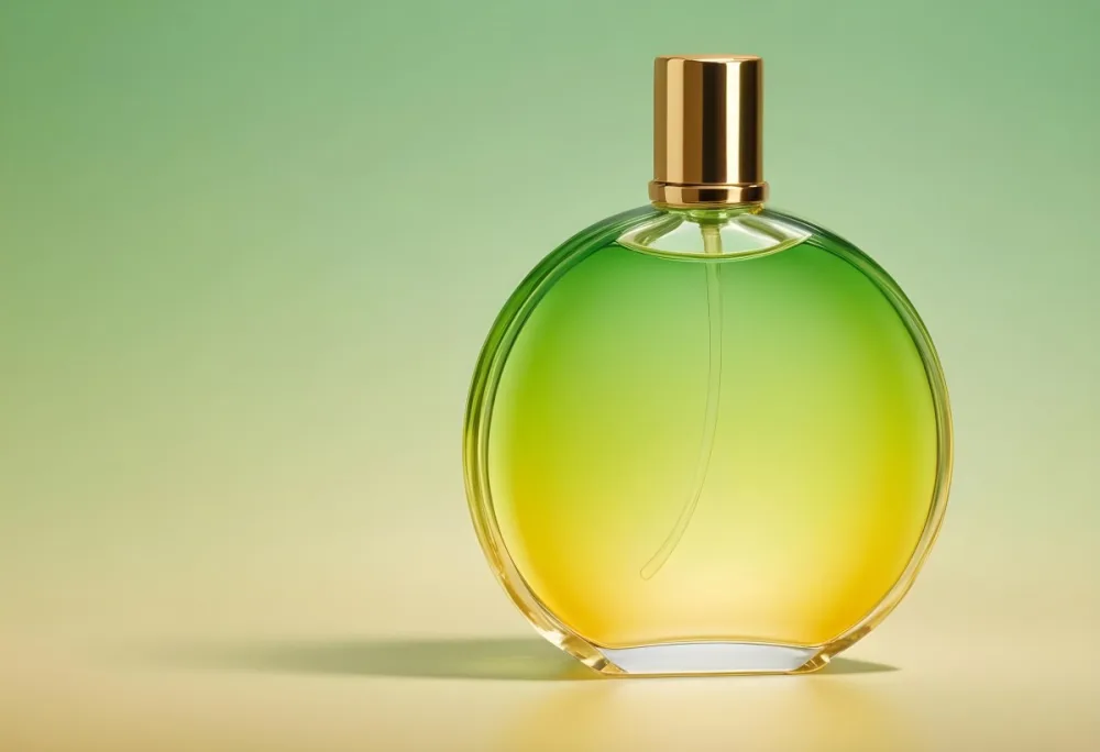 A Green And Yellow Perfume Bottle With A Golden Cap On A Gradient Background 8 B4ea