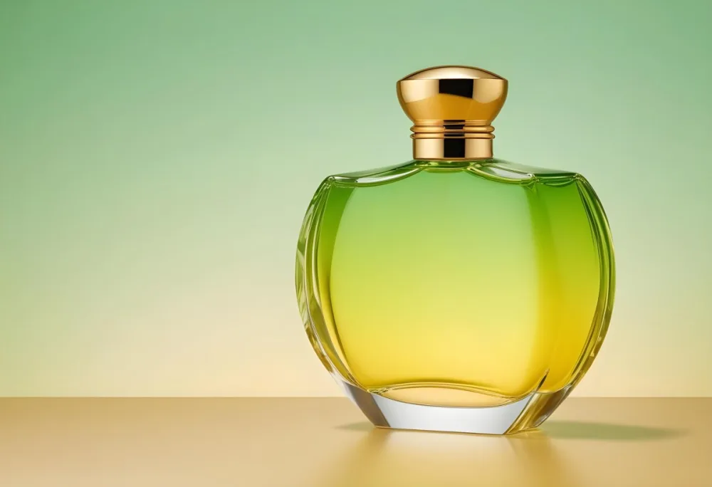 A Green And Yellow Perfume Bottle With A Golden Cap On A Gradient Background 9 0ea0