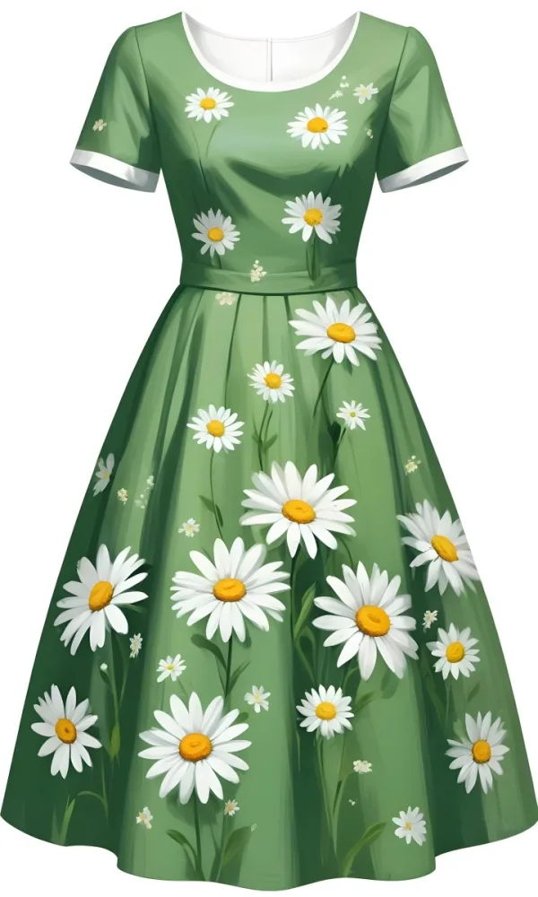 A Green Dress With White Daisy Flowers Short Sleeves Vintage Style The Dress Is On A White Background 1 E7bd