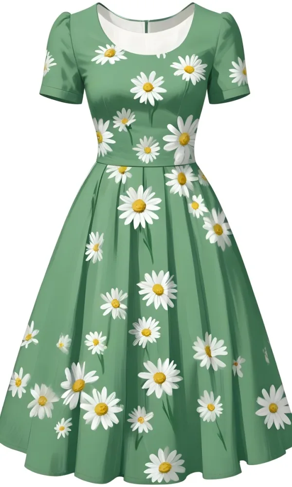 A Green Dress With White Daisy Flowers Short Sleeves Vintage Style The Dress Is On A White Background 18 2b42