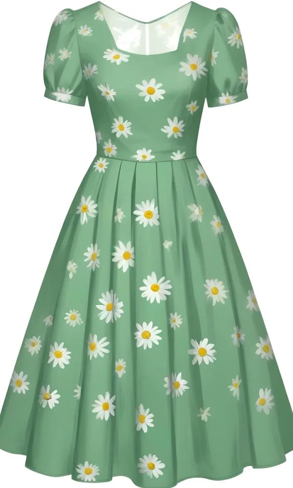 A Green Dress With White Daisy Flowers Short Sleeves Vintage Style The Dress Is On A White Background 26 Fd76