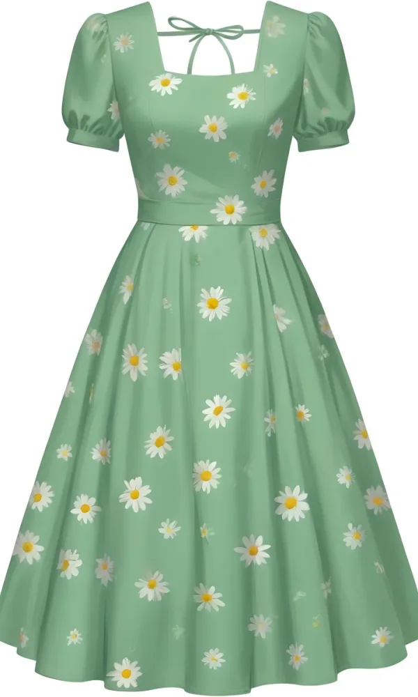 A Green Dress With White Daisy Flowers Short Sleeves Vintage Style The Dress Is On A White Background 29 4bbf 822f