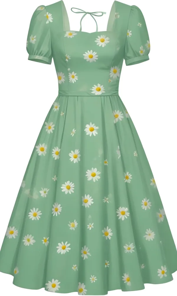 A Green Dress With White Daisy Flowers Short Sleeves Vintage Style The Dress Is On A White Background 30 Fe48
