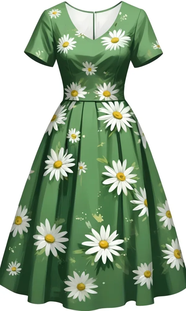 A Green Dress With White Daisy Flowers Short Sleeves Vintage Style The Dress Is On A White Background 32 Ba8e
