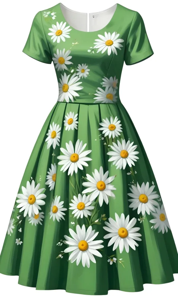 A Green Dress With White Daisy Flowers Short Sleeves Vintage Style The Dress Is On A White Background 36 D81c 3b68