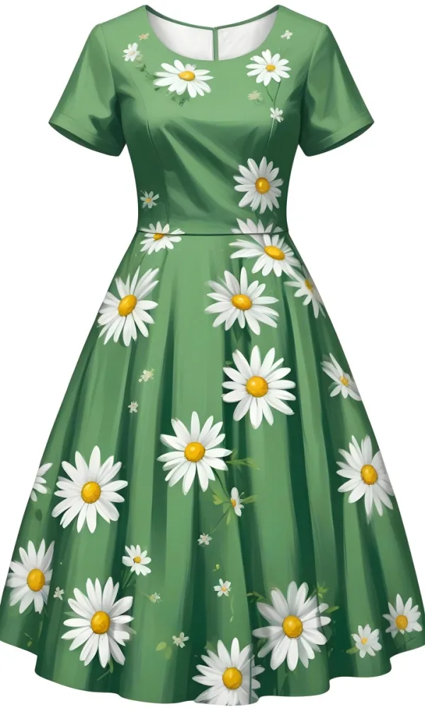 A Green Dress With White Daisy Flowers Short Sleeves Vintage Style The Dress Is On A White Background 38 2067
