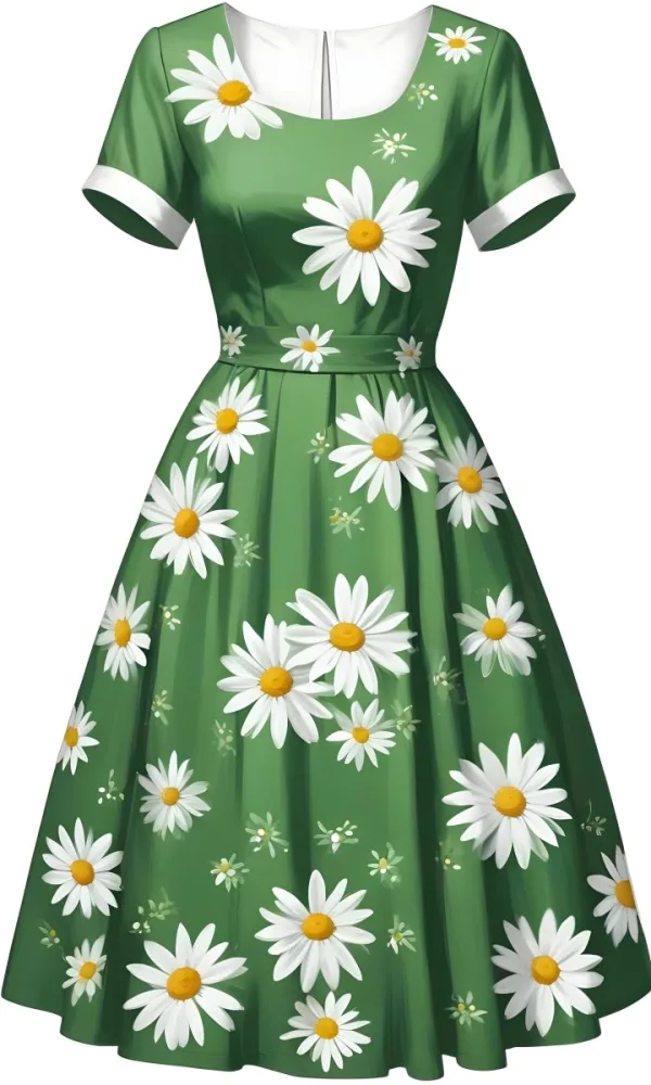 A Green Dress With White Daisy Flowers Short Sleeves Vintage Style The Dress Is On A White Background 4 92e3