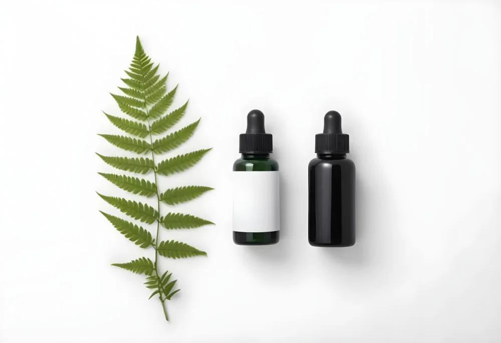 A Green Fern Leaf And Two Black Glass Bottles With Dropper Caps On A White Background 16 15e7