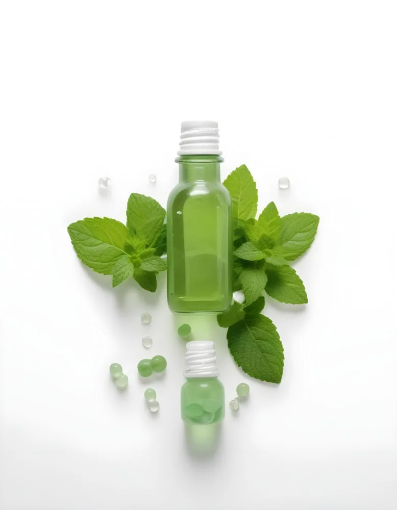 A Green Glass Bottle Filled With A Clear Liquid Surrounded By Fresh Mint Leaves And Small White Pills On A White Background 59 D0fb