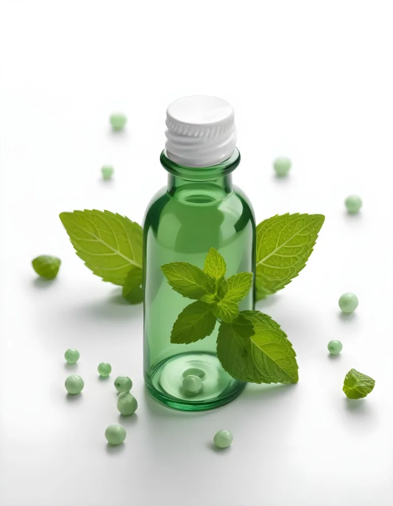 A Green Glass Bottle Filled With A Clear Liquid Surrounded By Fresh Mint Leaves And Small White Pills On A White Background 7 B4e1