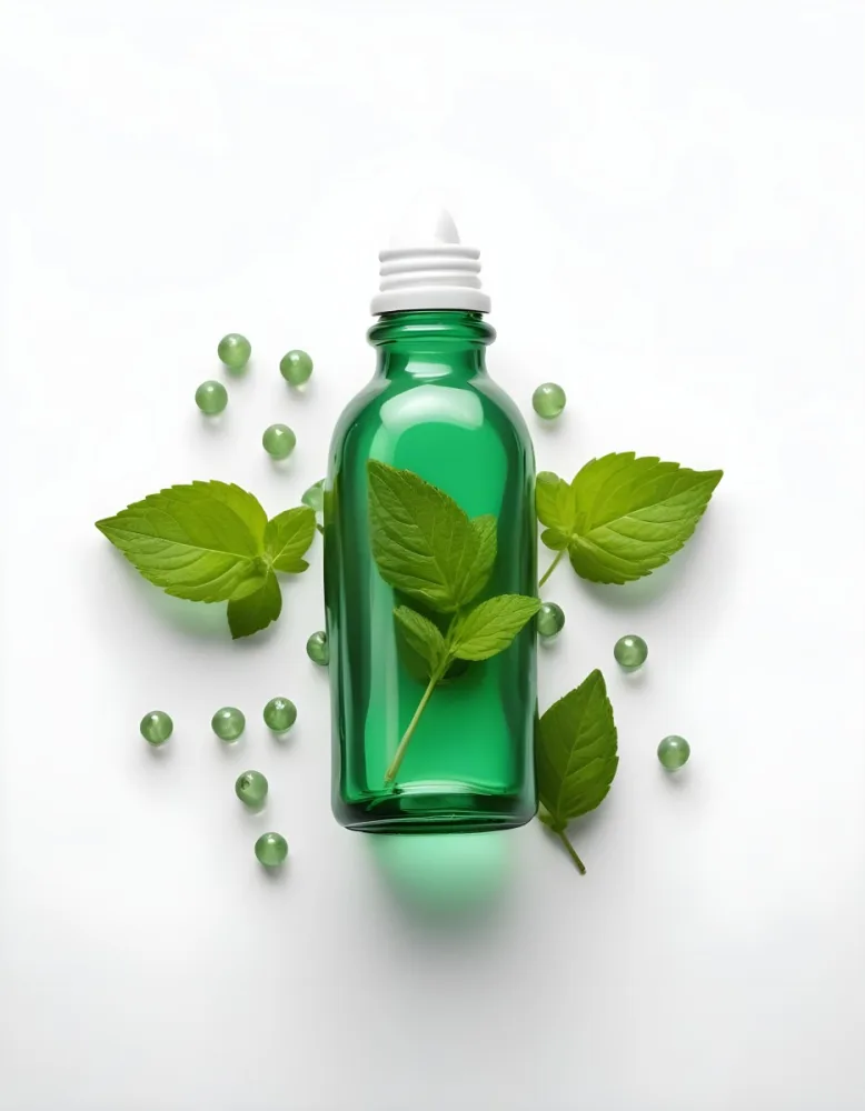 A Green Glass Bottle Filled With A Clear Liquid Surrounded By Fresh Mint Leaves And Small White Pills On A White Background 9 F1d0