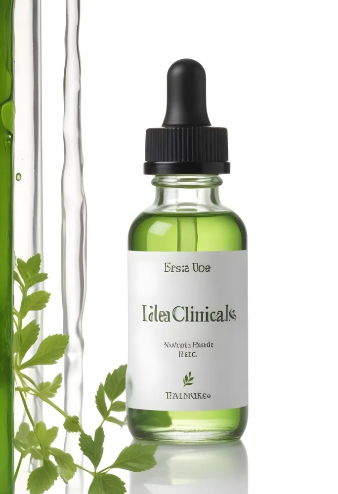 A Green Glass Bottle With A Dropper Cap Containing A Clear Liquid The Bottle Has A White Label With The Text Idea Clinicals The Background Includes Green Leaves Suggesting A Natural Theme 11 5279