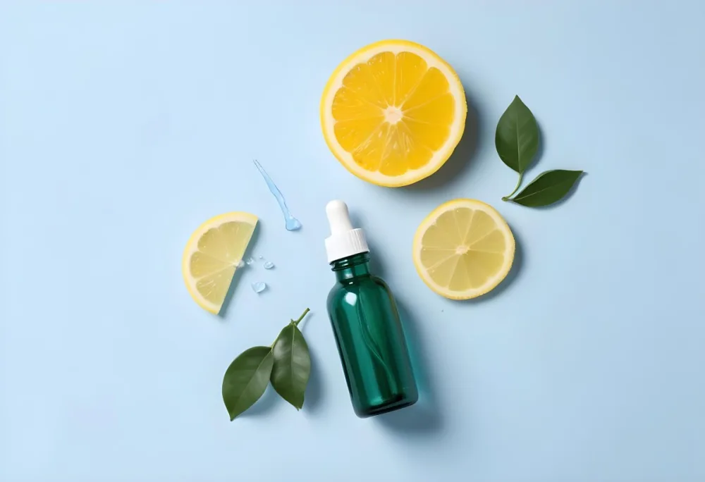 A Green Glass Bottle With A Dropper Surrounded By Sliced Lemons And Lemon Leaves On A Light Blue Background 1 6229