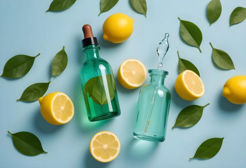 A Green Glass Bottle With A Dropper Surrounded By Sliced Lemons And Lemon Leaves On A Light Blue Background 12
