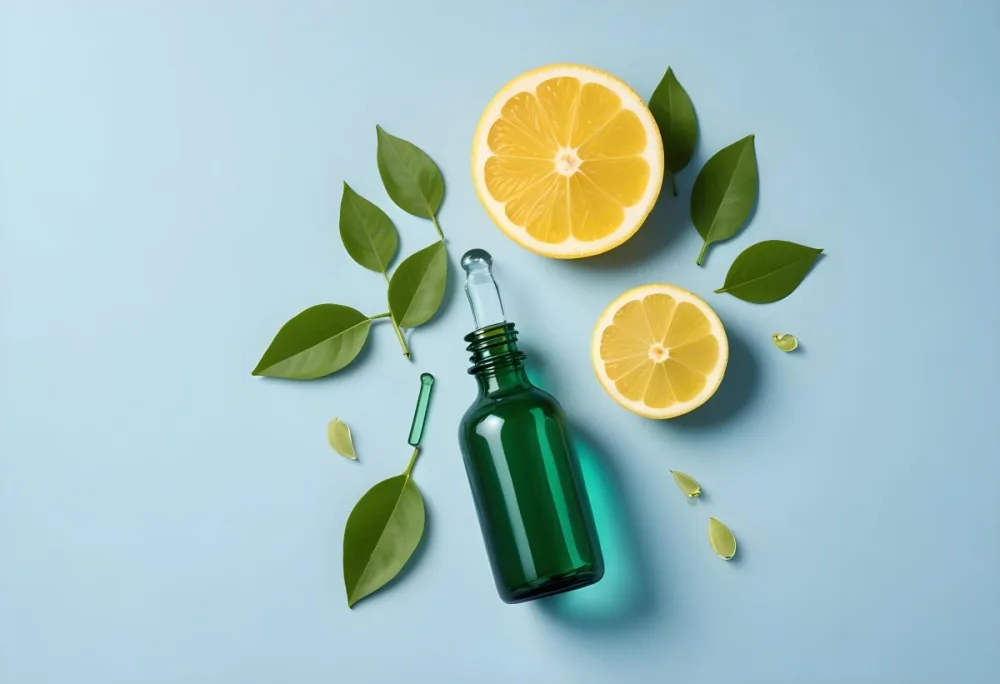 A Green Glass Bottle With A Dropper Surrounded By Sliced Lemons And Lemon Leaves On A Light Blue Background 13 038c