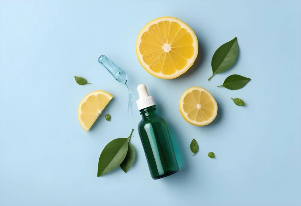 A Green Glass Bottle With A Dropper Surrounded By Sliced Lemons And Lemon Leaves On A Light Blue Background 14 70da