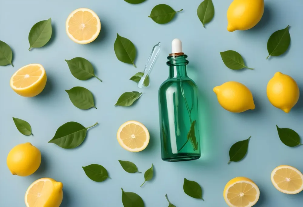 A Green Glass Bottle With A Dropper Surrounded By Sliced Lemons And Lemon Leaves On A Light Blue Background 16 951d