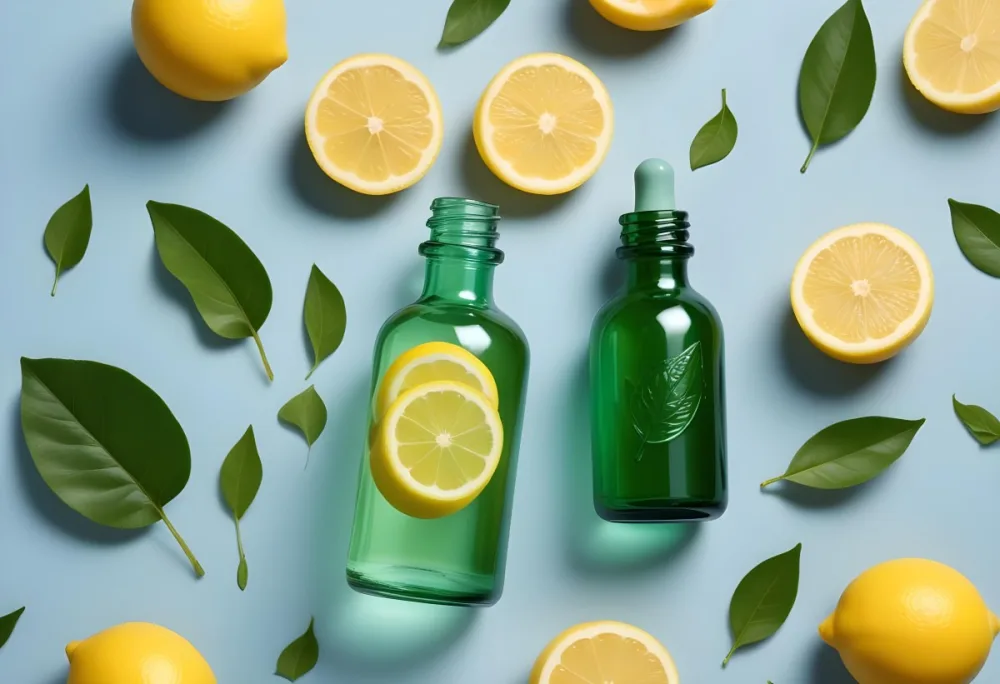 A Green Glass Bottle With A Dropper Surrounded By Sliced Lemons And Lemon Leaves On A Light Blue Background 17 2a61