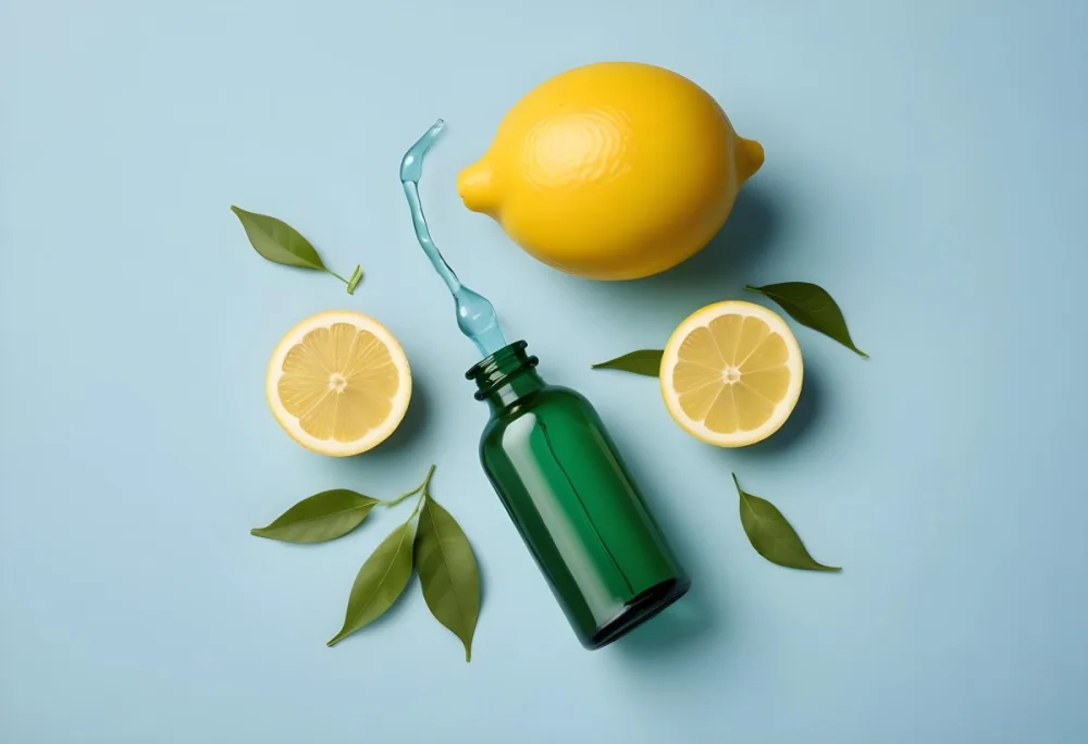 A Green Glass Bottle With A Dropper Surrounded By Sliced Lemons And Lemon Leaves On A Light Blue Background 19 4f4e